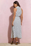 Winona White Polka Dot High-Neck Split Midi Dress With Bow