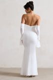 Rhiannon Cream Draped Flared-Sleeve Fishtail Maxi Dress