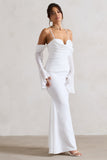 Rhiannon Cream Draped Flared-Sleeve Fishtail Maxi Dress