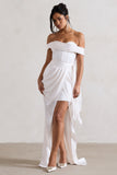 Milano Cream Satin Bardot Maxi Dress With Detachable Skirt