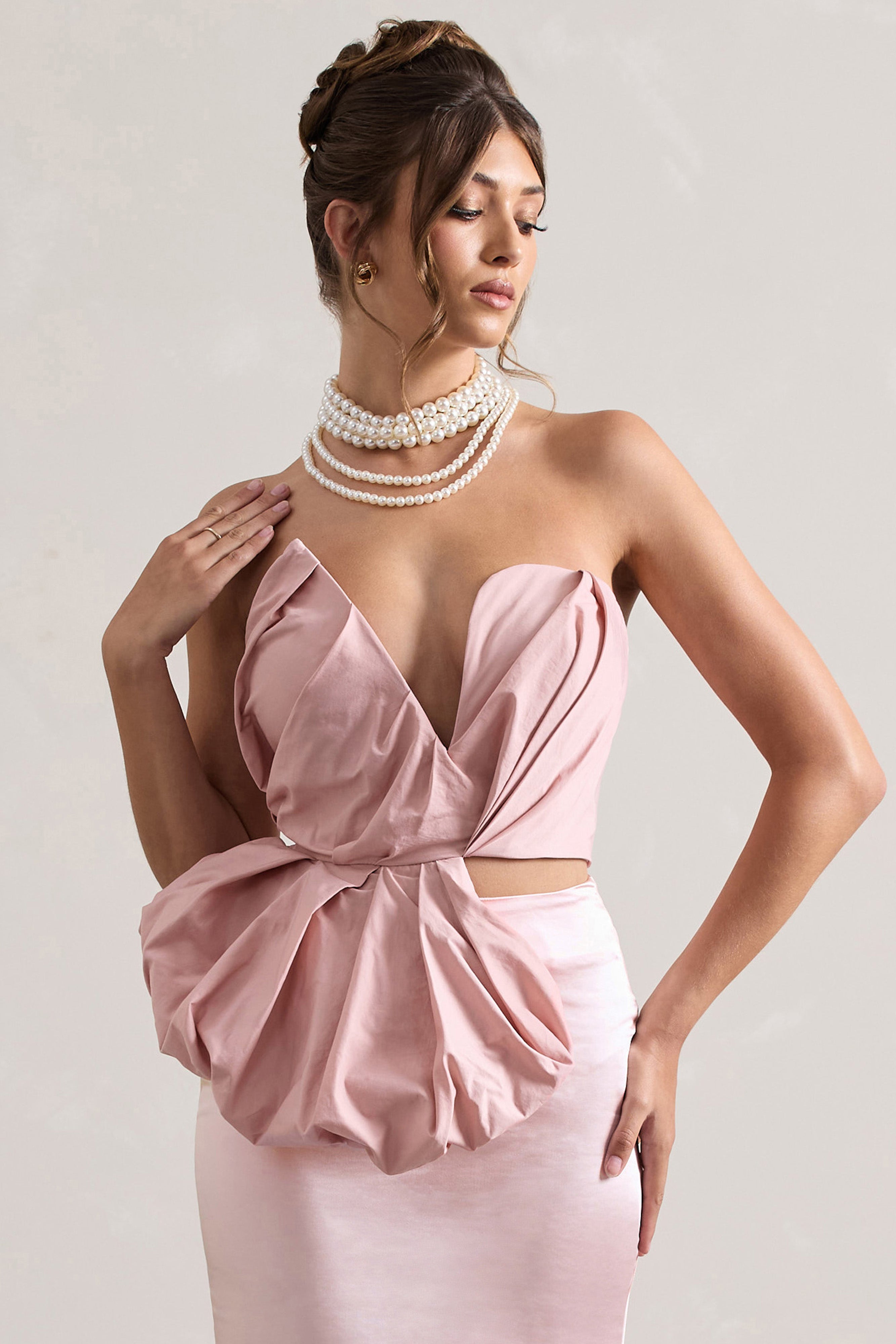 Haute Pink Asymmetric Plunge-Neck Corset With Ruffle