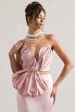 Haute Pink Asymmetric Plunge-Neck Corset With Ruffle