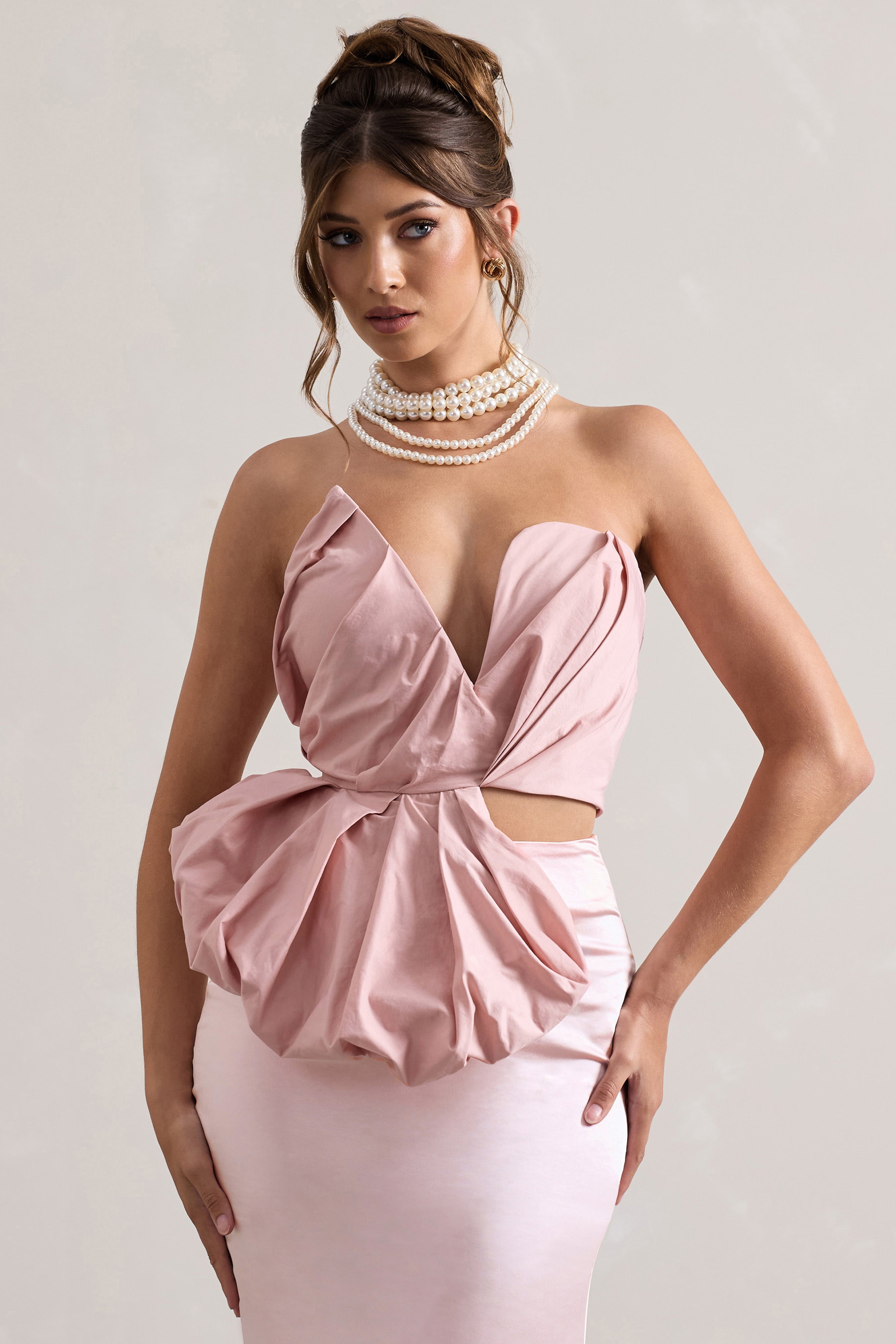 Haute Pink Asymmetric Plunge-Neck Corset With Ruffle