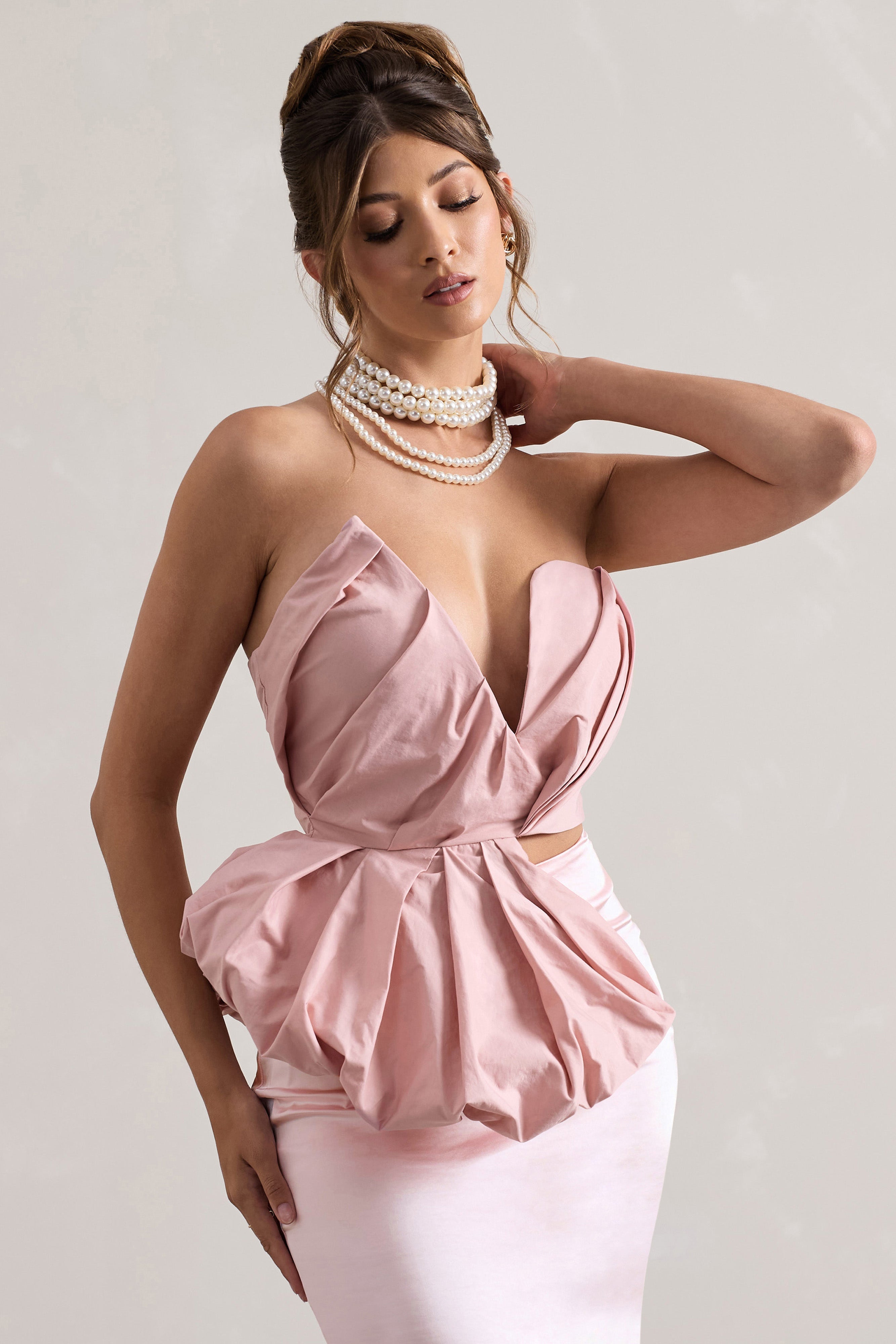 Haute Pink Asymmetric Plunge-Neck Corset With Ruffle