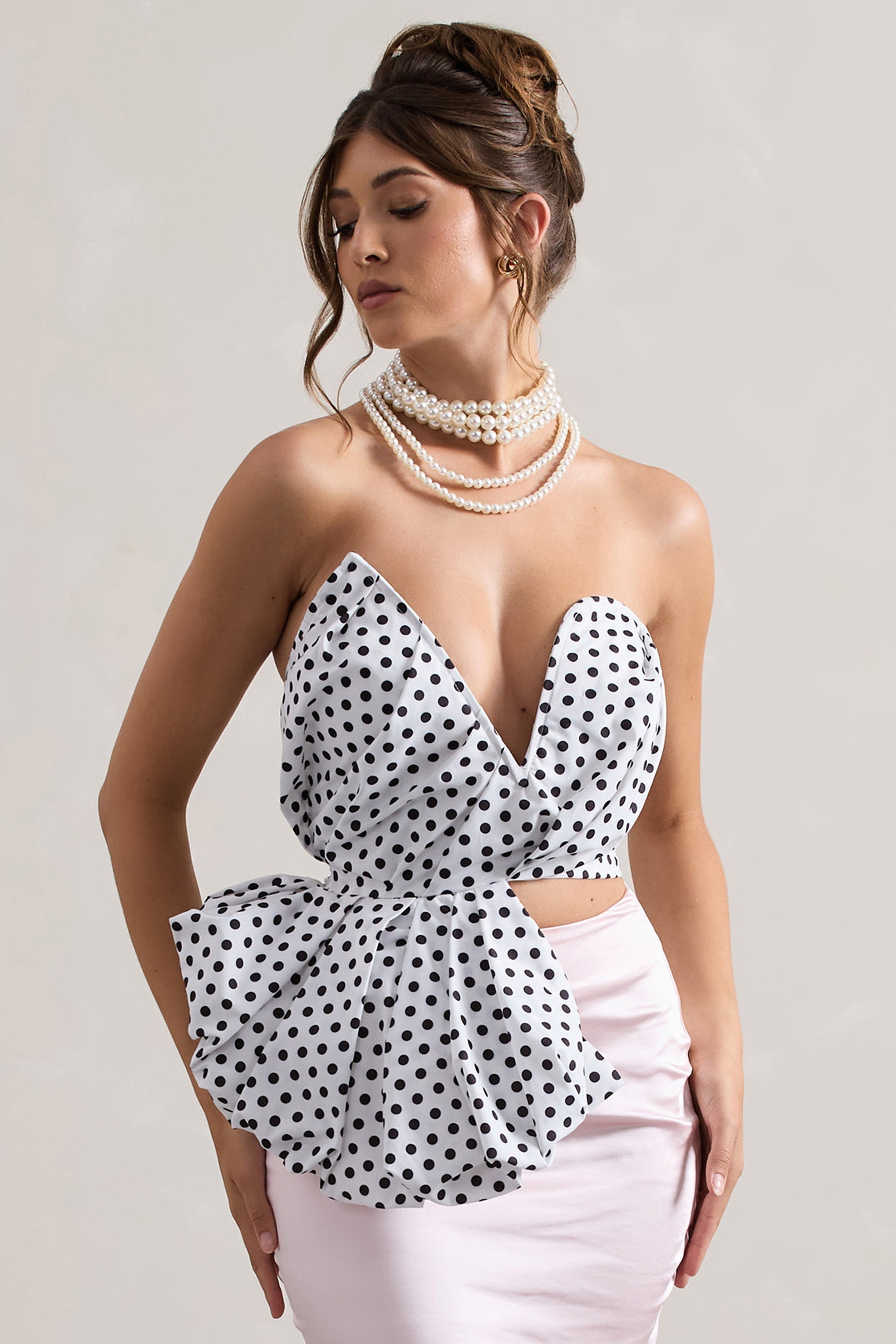 Haute Cream Polka Dot Asymmetric Plunge-Neck Corset With Ruffle
