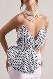 Haute Cream Polka Dot Asymmetric Plunge-Neck Corset With Ruffle