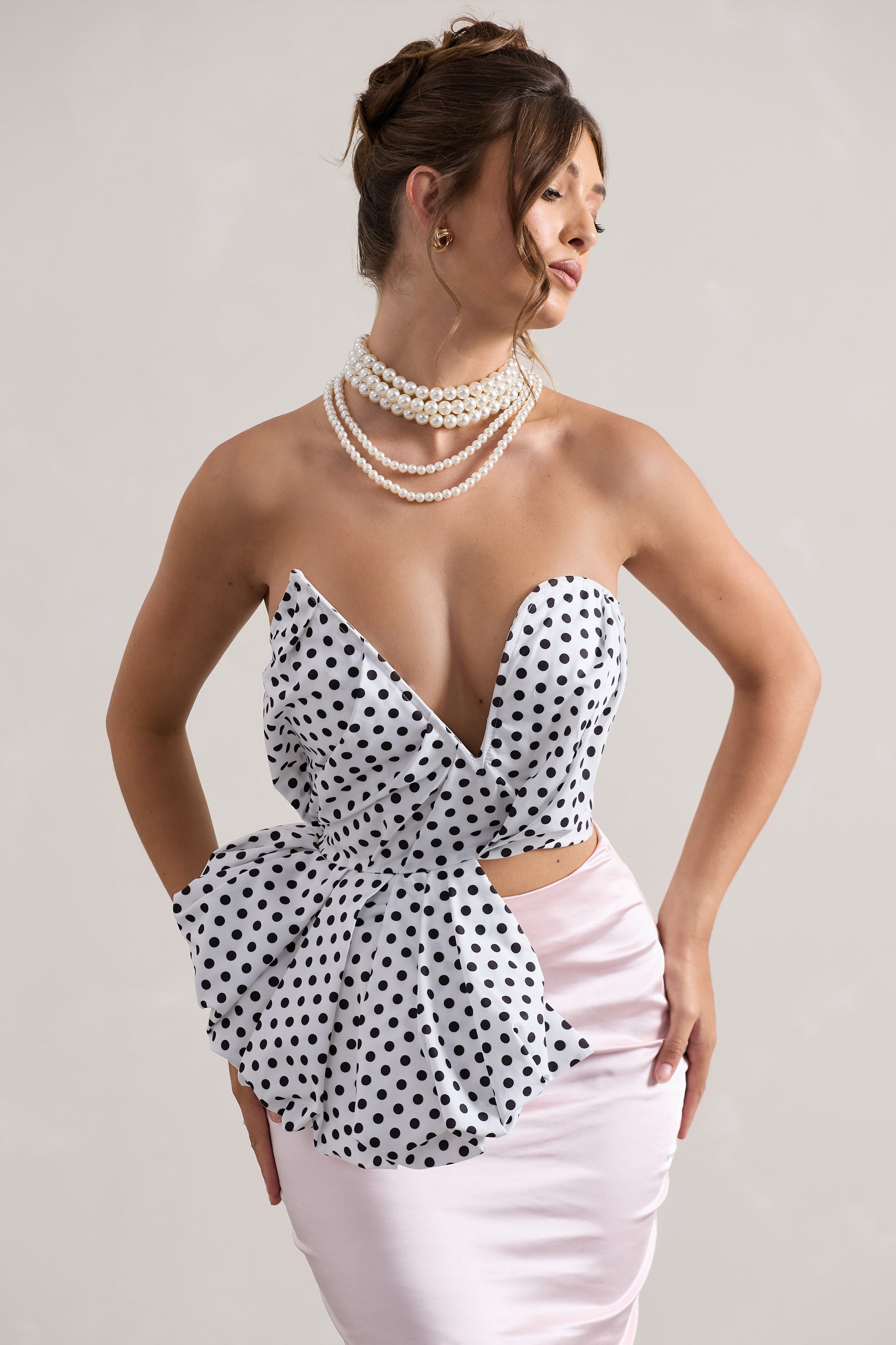 Haute Cream Polka Dot Asymmetric Plunge-Neck Corset With Ruffle