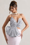 Haute Cream Polka Dot Asymmetric Plunge-Neck Corset With Ruffle