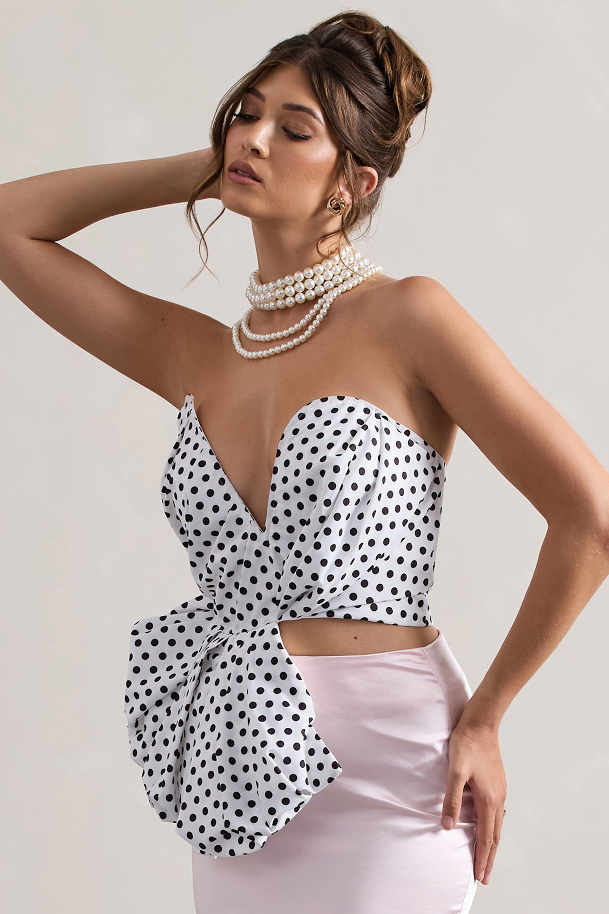 Haute Cream Polka Dot Asymmetric Plunge-Neck Corset With Ruffle