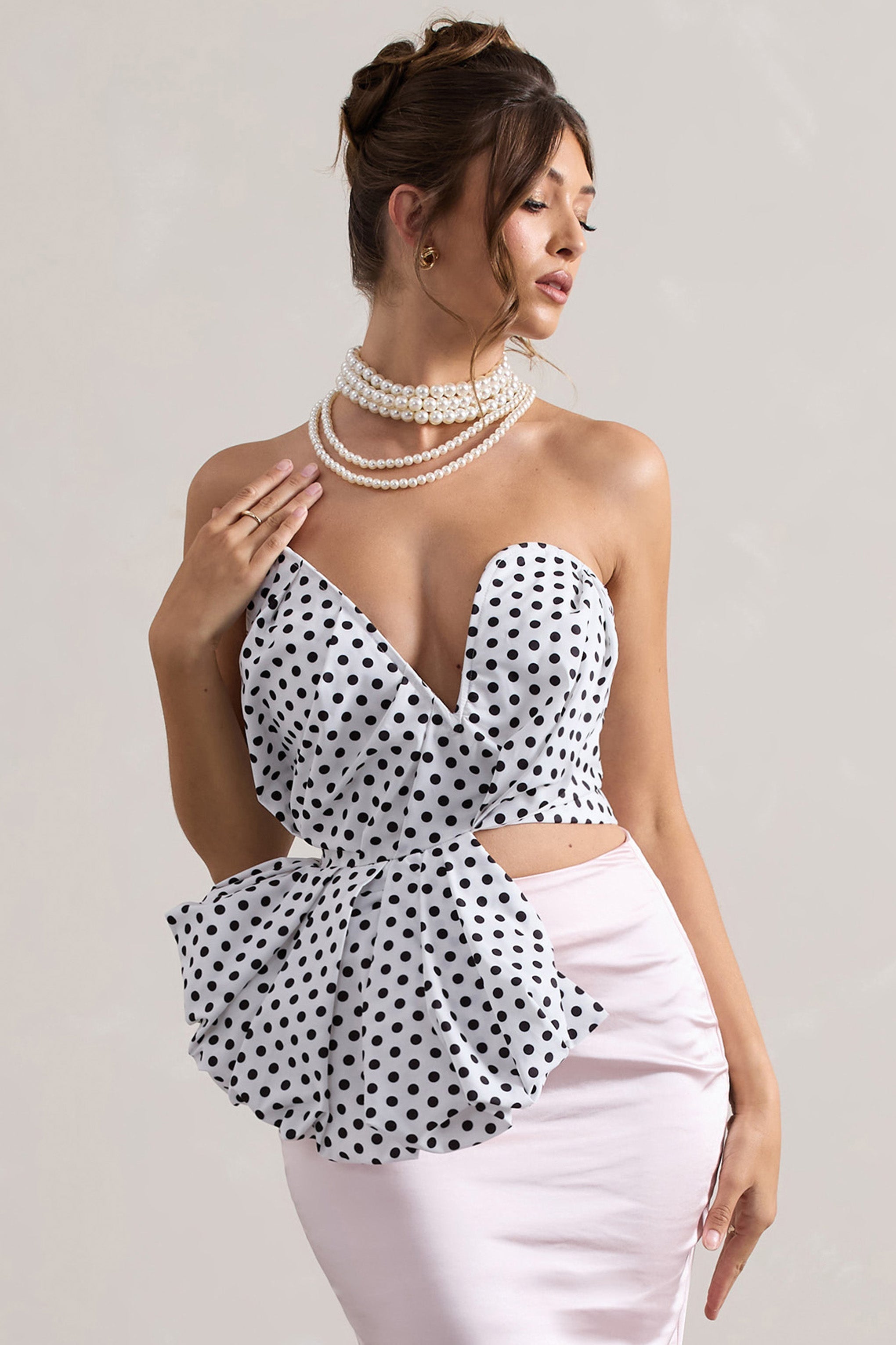 Haute Cream Polka Dot Asymmetric Plunge-Neck Corset With Ruffle