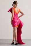 Rare Pink & Orange Satin Wrap Mini Dress Peplum Drape