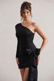 Abstract Black One Shoulder Mini Dress With Side Drape