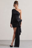 Abstract Black One Shoulder Mini Dress With Side Drape