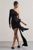 Abstract Black One Shoulder Mini Dress With Side Drape