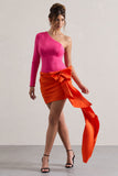 Abstract Pink & Orange One Shoulder Mini Dress With Side Drape