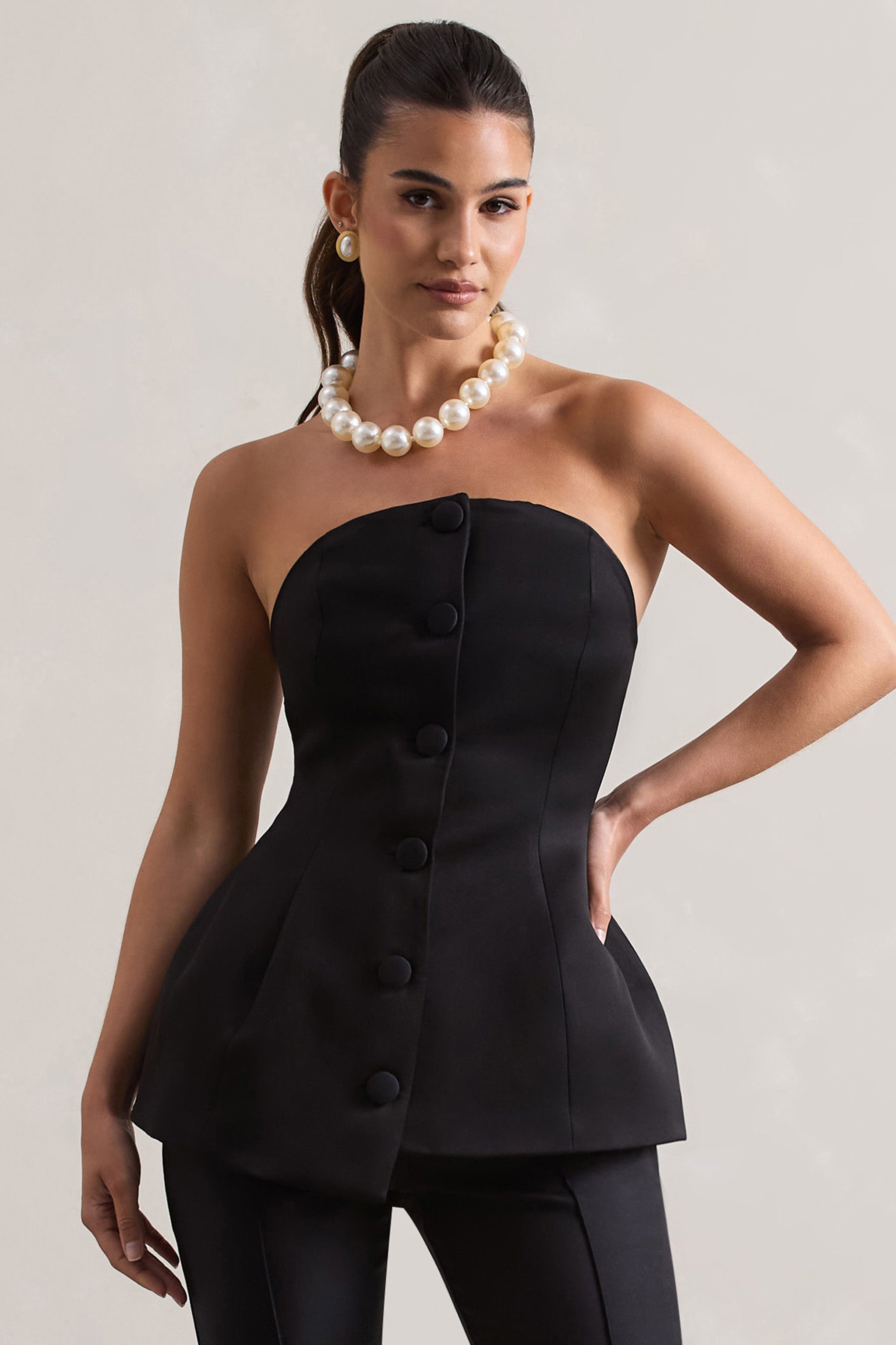 Century Black Satin Strapless Button Front Corset Top