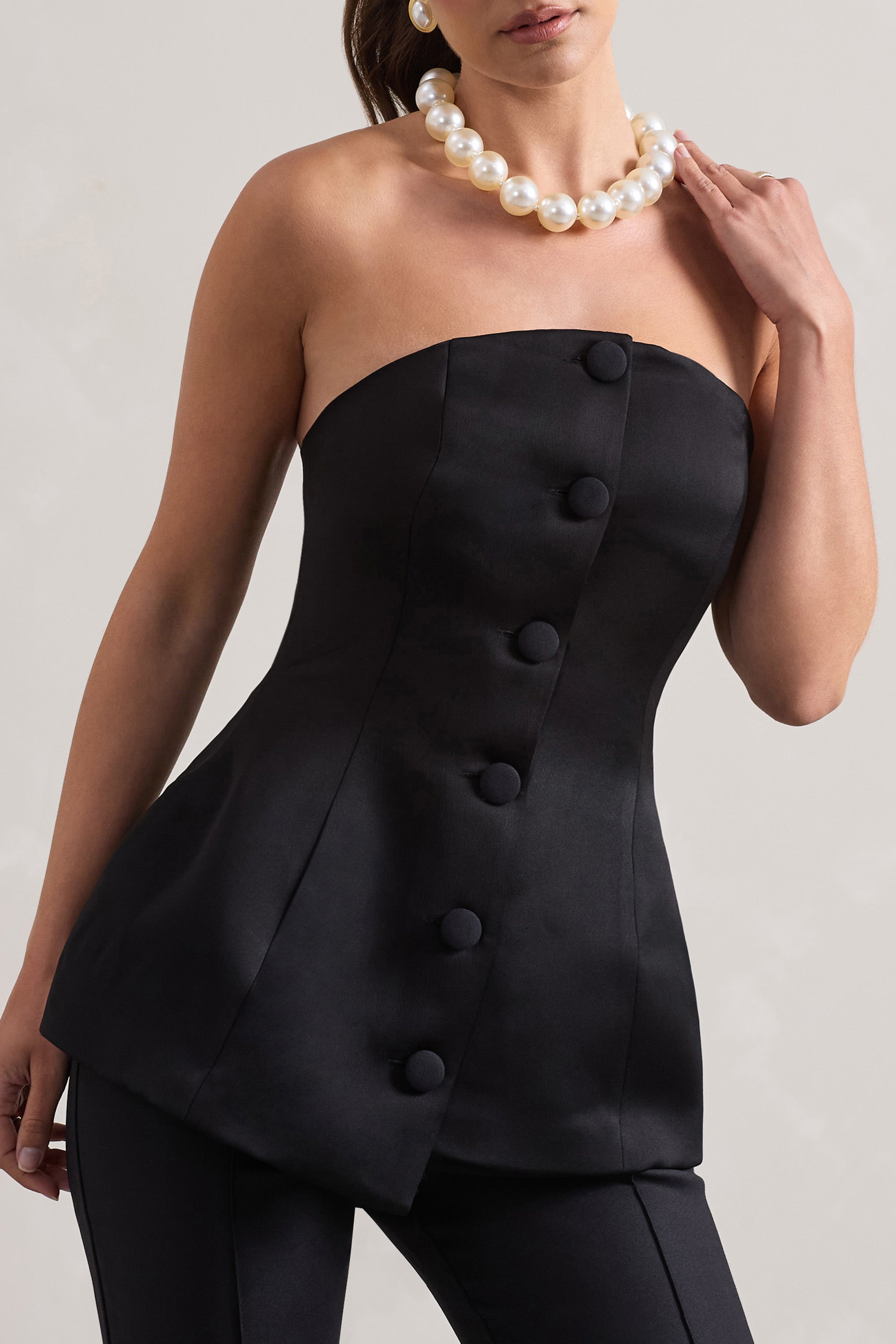 Century Black Satin Strapless Button Front Corset Top