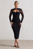 Mojito Black Ruched Cut-Out Long-Sleeve Midi Dress