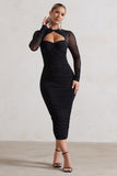 Mojito Black Ruched Cut-Out Long-Sleeve Midi Dress