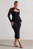 Mojito Black Ruched Cut-Out Long-Sleeve Midi Dress