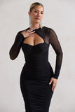 Mojito Black Ruched Cut-Out Long-Sleeve Midi Dress