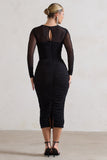 Mojito Black Ruched Cut-Out Long-Sleeve Midi Dress