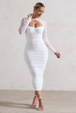 Mojito White Ruched Cut-Out Long-Sleeve Midi Dress