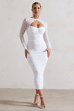 Mojito White Ruched Cut-Out Long-Sleeve Midi Dress