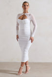 Mojito White Ruched Cut-Out Long-Sleeve Midi Dress