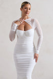 Mojito White Ruched Cut-Out Long-Sleeve Midi Dress