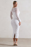 Mojito White Ruched Cut-Out Long-Sleeve Midi Dress