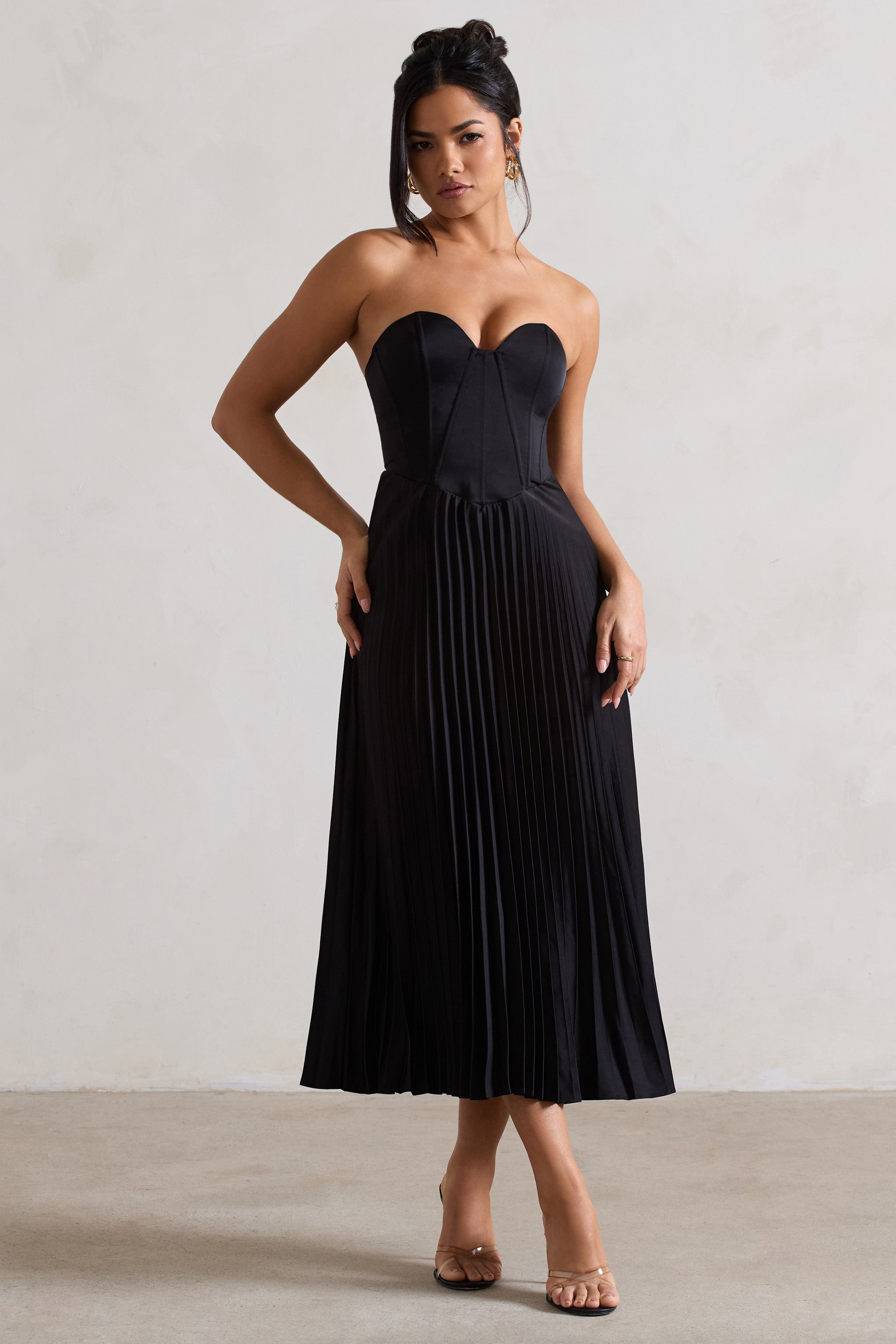 Bordeaux Black Satin Corset Style Midi Dress