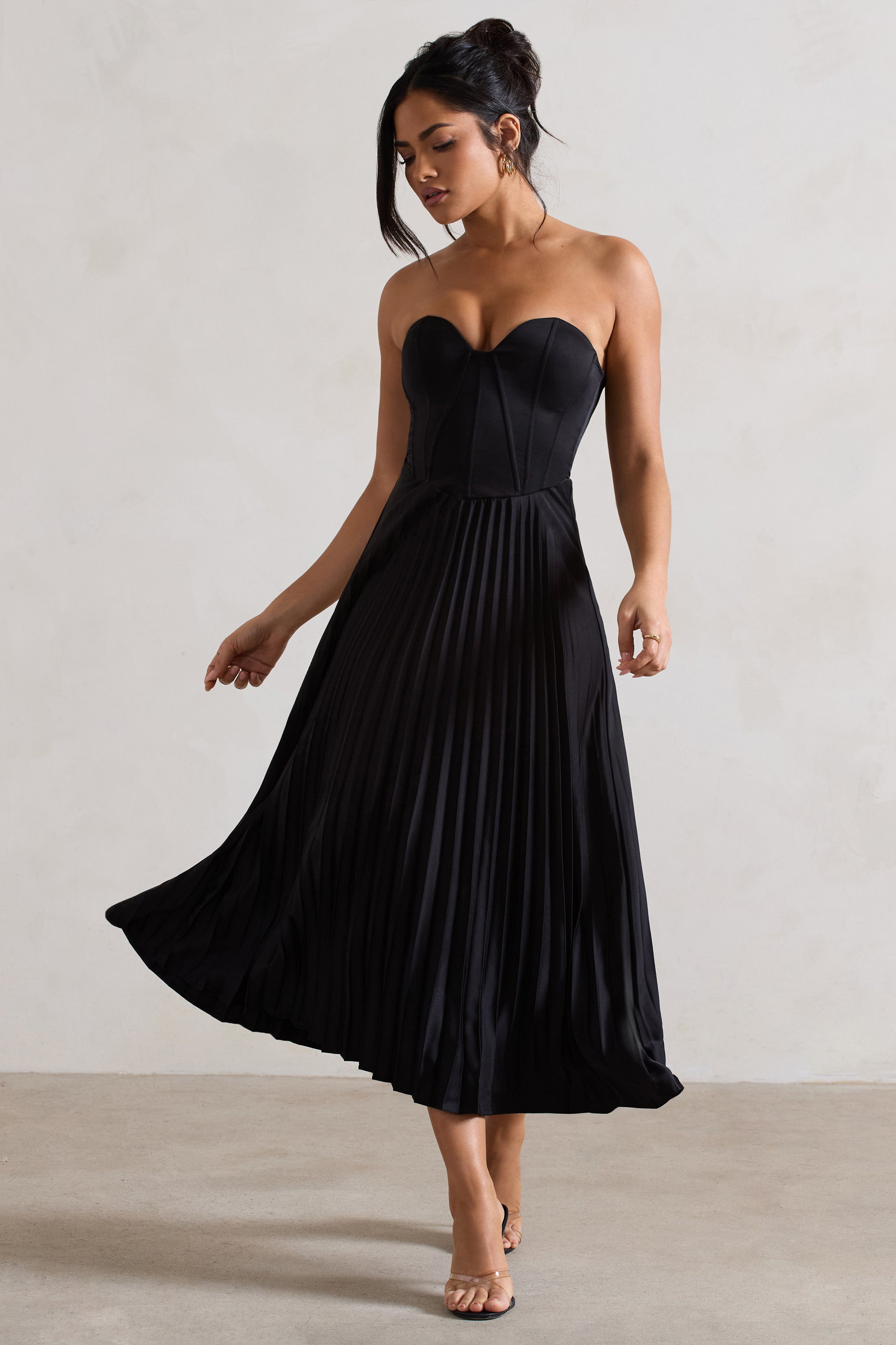 Bordeaux Black Satin Corset Style Midi Dress