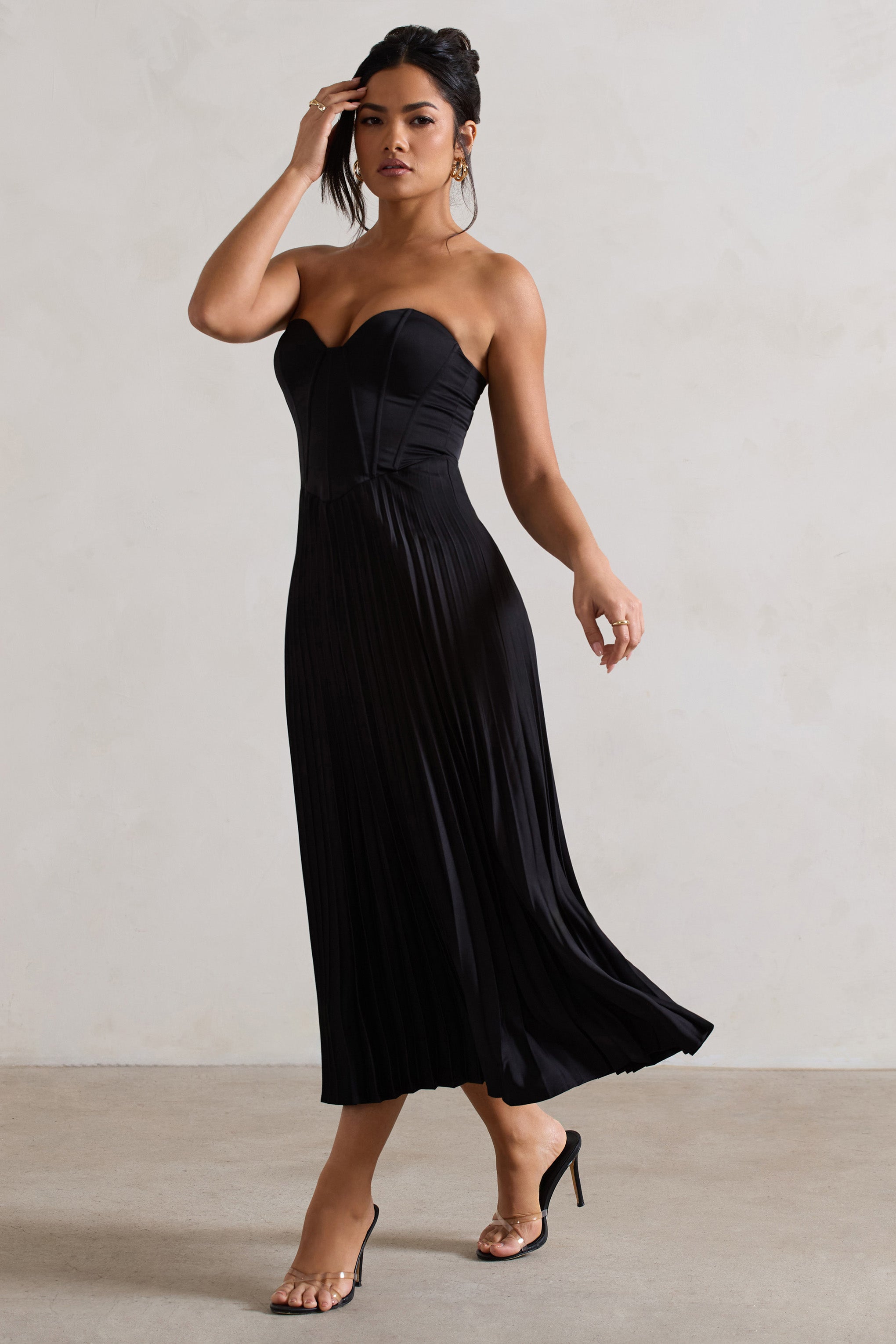 Bordeaux Black Satin Corset Style Midi Dress