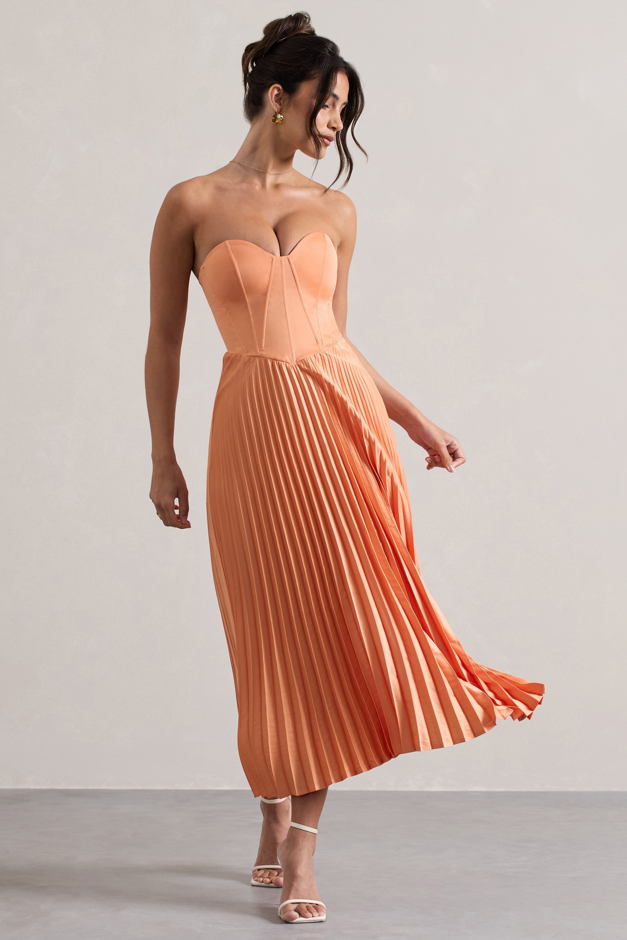 Bordeaux Peach Satin Corset Style Midi Dress