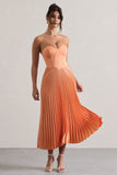 Bordeaux Peach Satin Corset Style Midi Dress