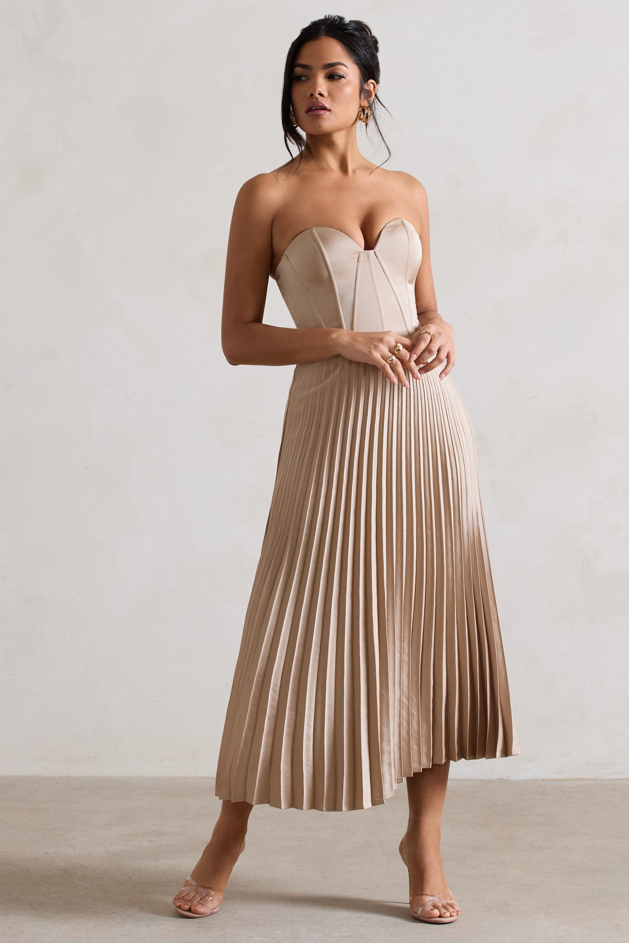 Bordeaux Champagne Satin Corset Style Midi Dress