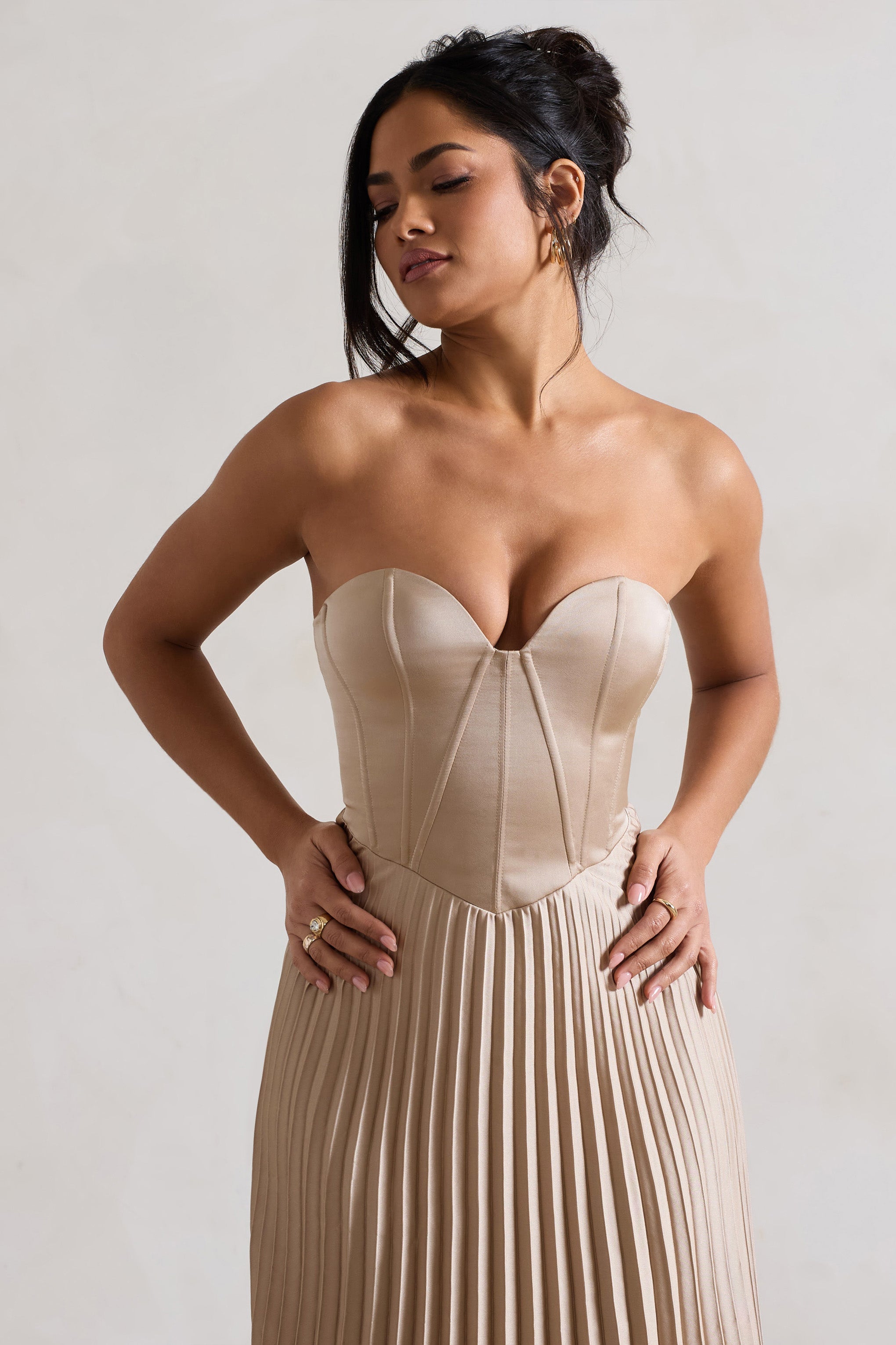 Bordeaux Champagne Satin Corset Style Midi Dress