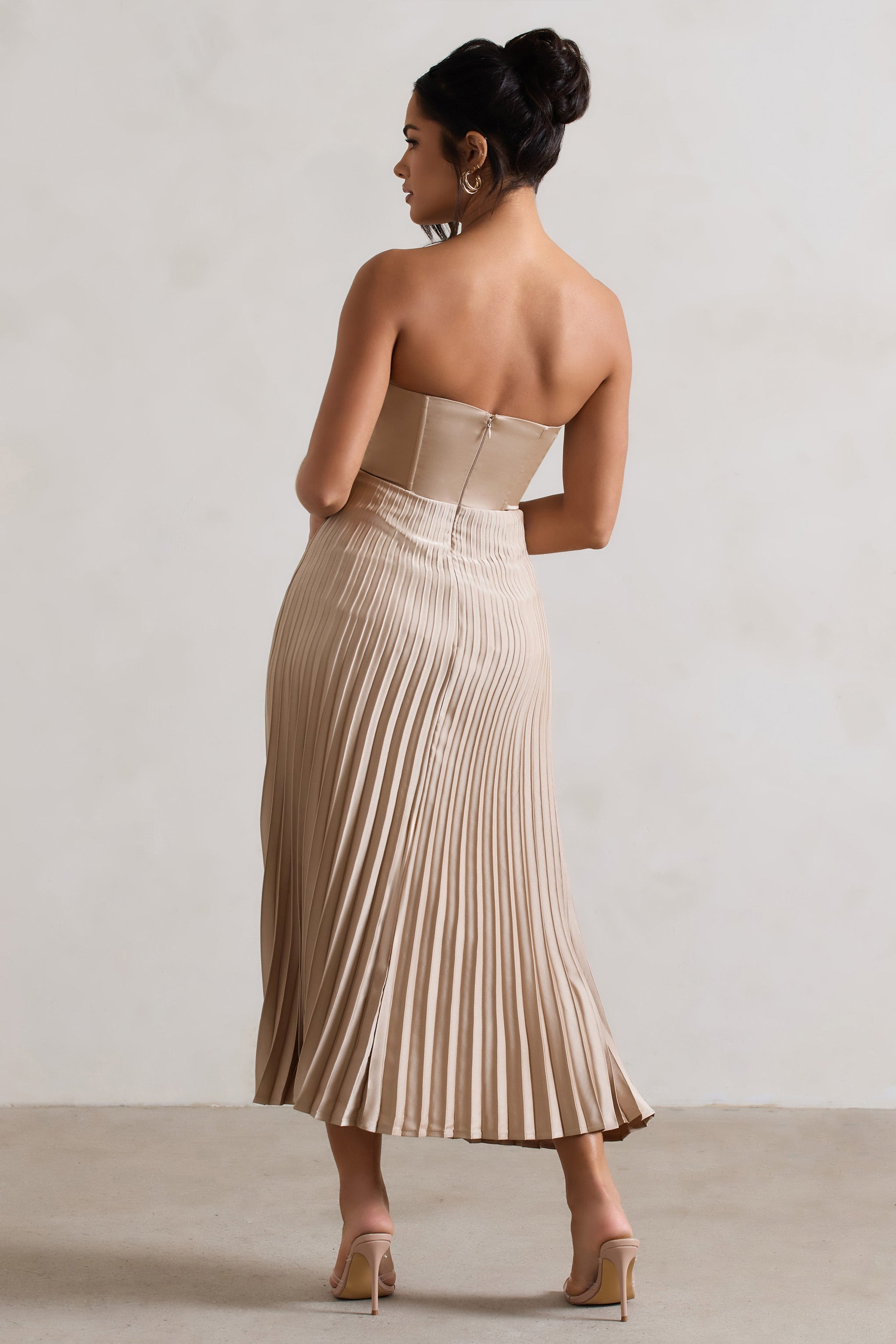 Bordeaux Champagne Satin Corset Style Midi Dress