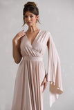 Fable Champagne Plunge-Neck Maxi Dress With Cape Sleeve