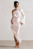 Dolce Champagne Satin Asymmetric One Sleeve Maxi Dress With Feather Trims
