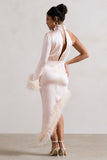 Dolce Champagne Satin Asymmetric One Sleeve Maxi Dress With Feather Trims