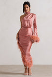 Dolce Coral Satin Asymmetric One Sleeve Maxi Dress With Feather Trims