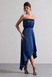 Willa Navy Satin Bandeau Maxi Dress With Asymmetric Hem