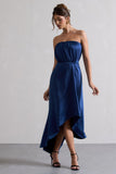 Willa Navy Satin Bandeau Maxi Dress With Asymmetric Hem