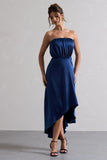 Willa Navy Satin Bandeau Maxi Dress With Asymmetric Hem