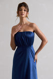 Willa Navy Satin Bandeau Maxi Dress With Asymmetric Hem