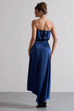 Willa Navy Satin Bandeau Maxi Dress With Asymmetric Hem