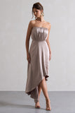 Willa Taupe Satin Bandeau Maxi Dress With Asymmetric Hem