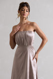 Willa Taupe Satin Bandeau Maxi Dress With Asymmetric Hem